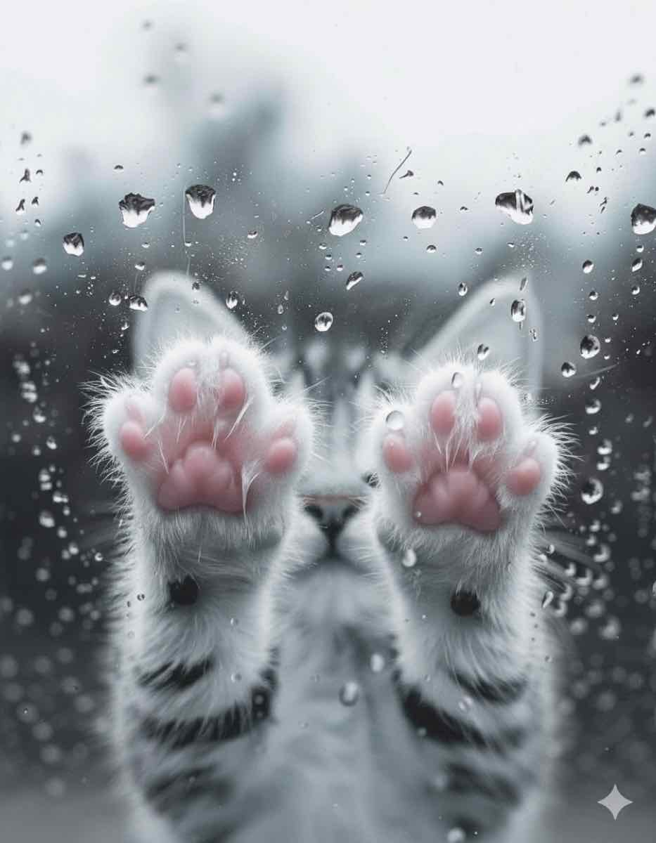 Kitten paws pressed against glass